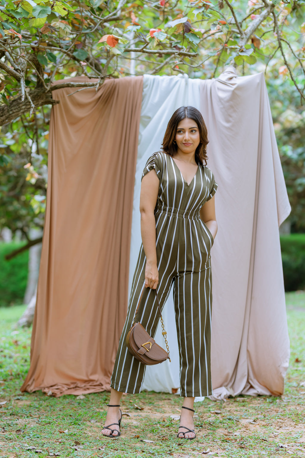 Striped Jumpsuit With Ruched Sleeves