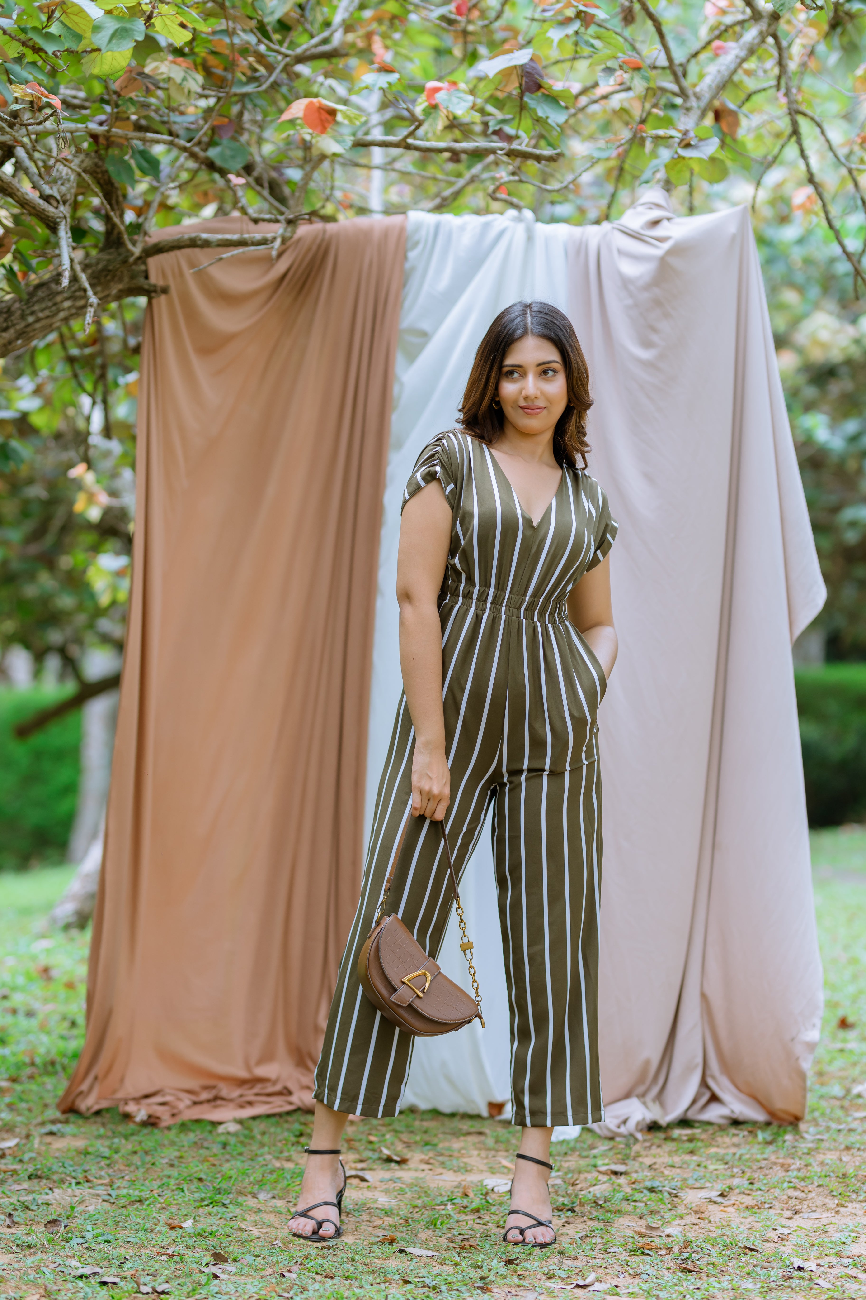Striped Jumpsuit With Ruched Sleeves
