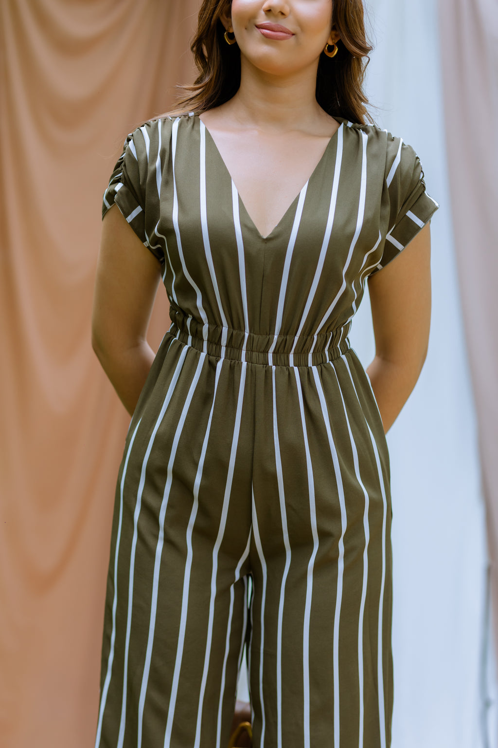 Striped Jumpsuit With Ruched Sleeves