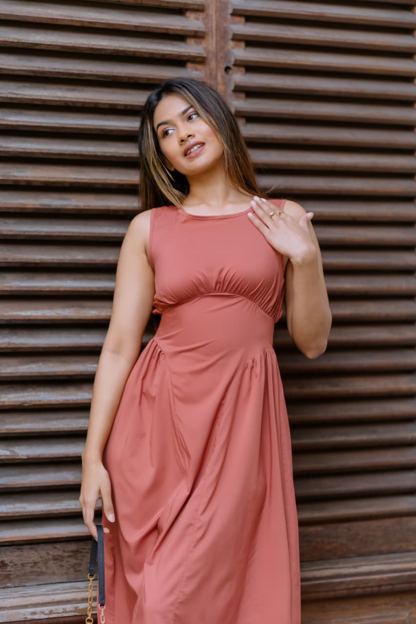 Coral cinched waist midi Dress