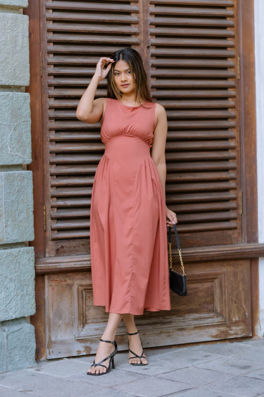 Coral cinched waist midi Dress