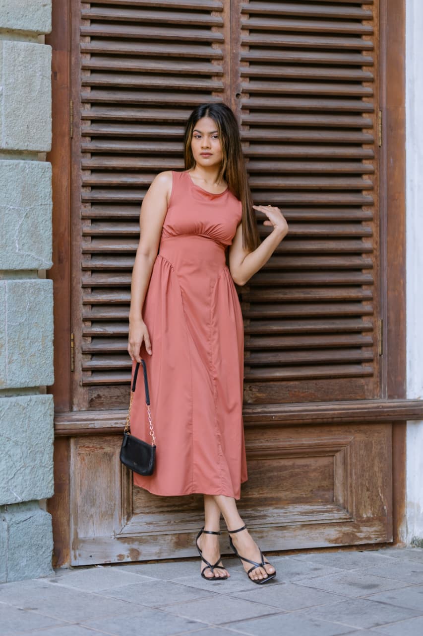 Coral cinched waist midi Dress