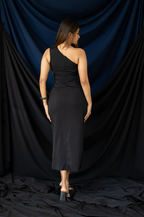 Black One Shoulder Midi Dress